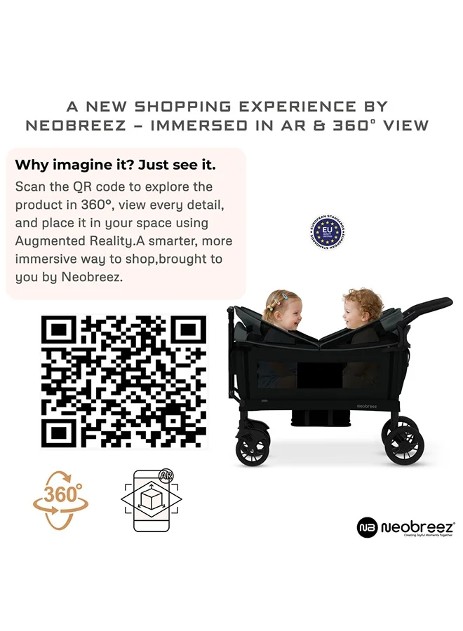 نيوبريز Neobreez ADVI Wagon Cargo Push & Pull Foldable Double Stroller For 2 Kids,Waterproof UPF 50+ Removable Canopy,2in1 Cup Holder,6m-4yrs,44kg, 3yrs Warranty-Grey Black